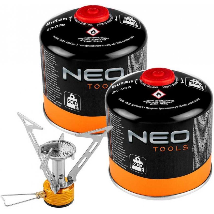 Neo Tools Turistinis dujų degiklis + 2 dujų kasetės 20-036