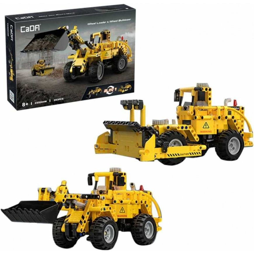 Klocki konstrukcyjne CaDA Kit yellow pojazdy budowlane 2w1 Charger i Bulldozer Spychacz 693 elementy – 3