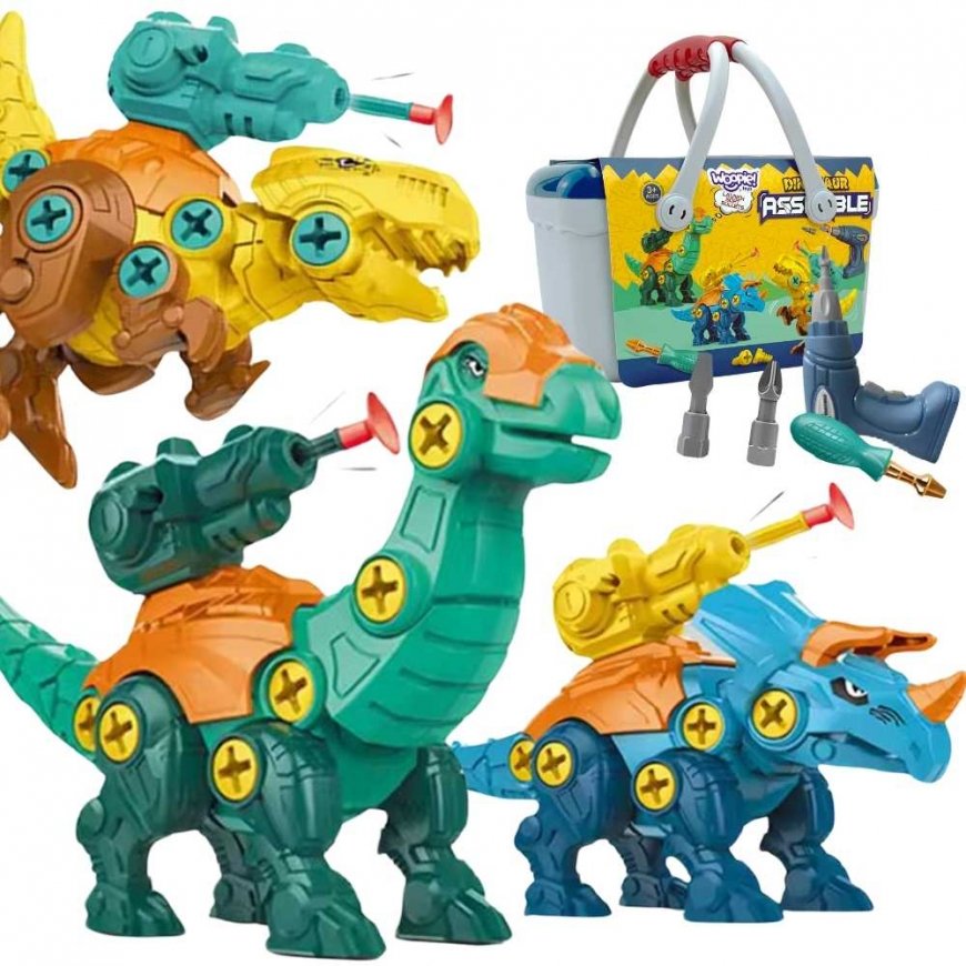 Woopie Dinozaurų sukamųjų rinkinys, 3 vienetai. Konstravimo rinkinys dėžutėje + grąžtas ir atsuktuvas – 5