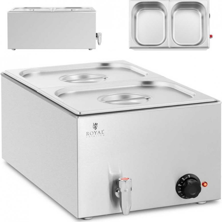 Royal Catering Bain-marie šildytuvas elektrinis su čiaupu 2 x GN 1/2 600 W