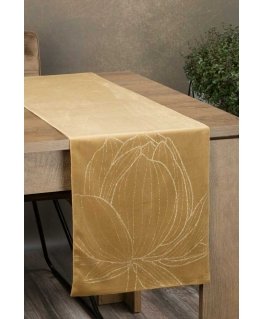 Eurofirany BLINK / 12 Velvet table runner with a large lotus flower pattern, 35X180 cm, color: golden