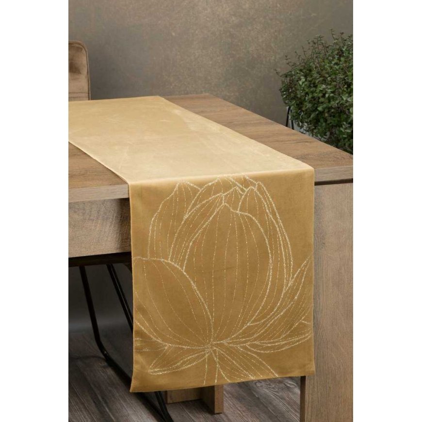Eurofirany BLINK / 12 Velvet table runner with a large lotus flower pattern, 35X180 cm, color: golden