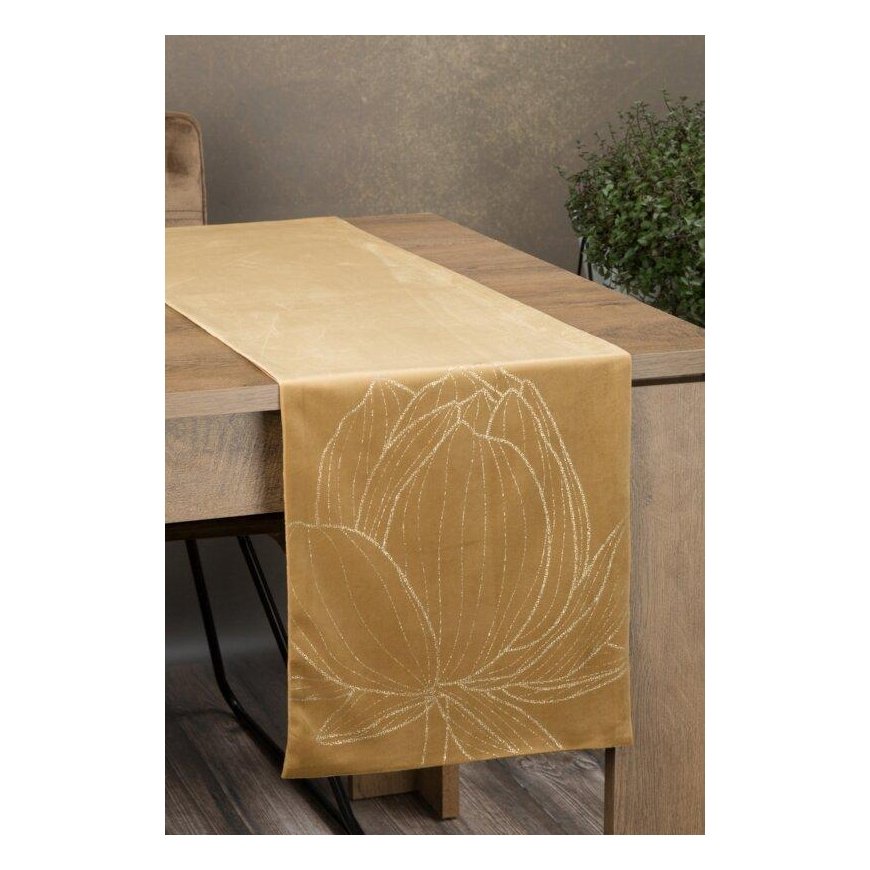 Eurofirany BLINK / 12 Velvet table runner with a large lotus flower pattern, 35X180 cm, color: golden – 3