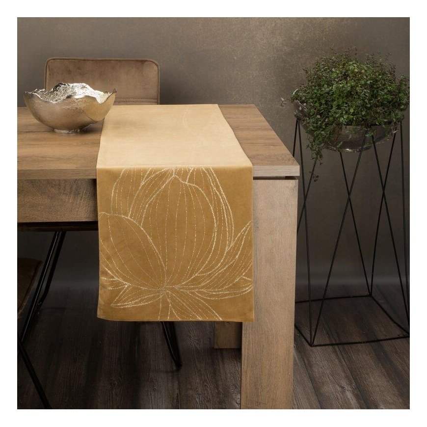 Eurofirany BLINK / 12 Velvet table runner with a large lotus flower pattern, 35X180 cm, color: golden – 4