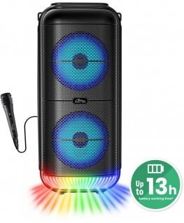 Media-Tech POWER AUDIO TWS is a portable Bluetooth 5.3 speaker with disc lighting. KARAOKE, FM radio, MP3, 50W RMS / 900W PMPO, 