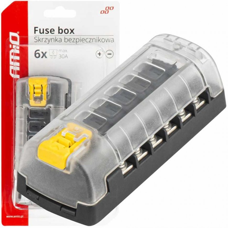 Fuse box, screw connections, 6 sockets amio-03836