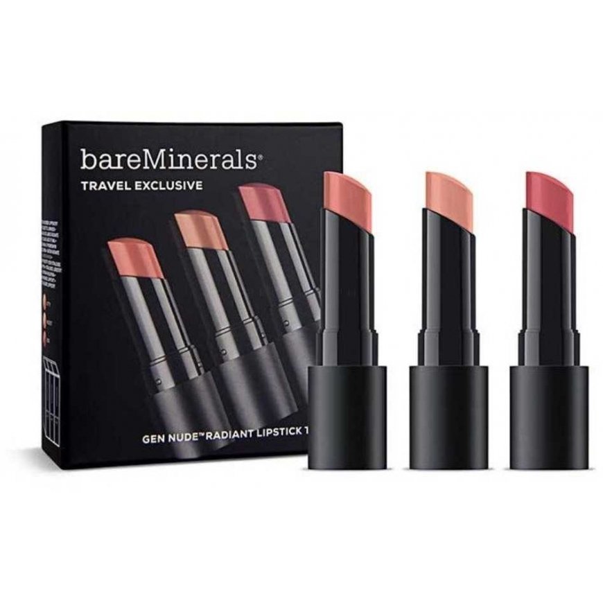 „Bare Minerals bareMinerals“ išskirtinis kelionių rinkinys „BareMinerals“: „Gen Nude Radiant“, kakava, „Kremas“ lūpų dažai, „Sma