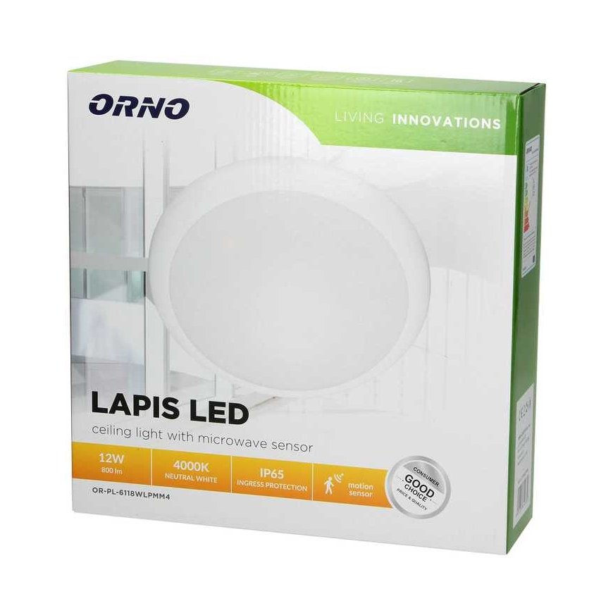 Orno LAPIS LED 12W, ceiling light with microwave motion sensor, 800lm, IP65, 4000K, IK10, opal polycarbonate, white – 2