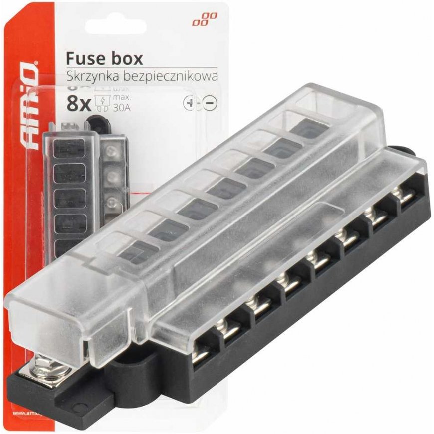 Fuse box, screw connections, 8 sockets, amio-03837