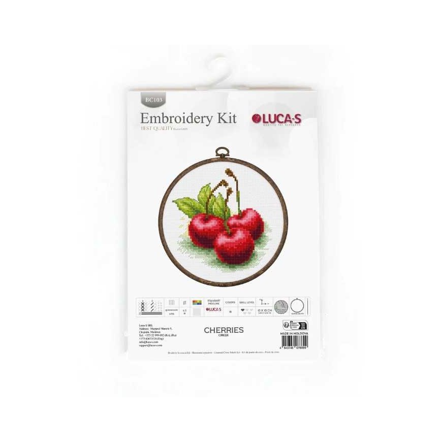 luca S Cross Stitch Kit with Hoop Included Cherries 10x10cm SBC103