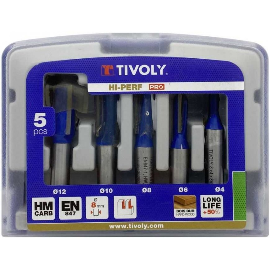 Grąžtas Tivoly Straight slotting cutters set 4 / 6 / 8 / 10 / 12mm, 8mm shank, 5 pcs