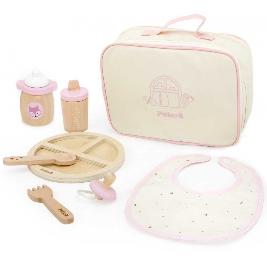 Viga Toys Medinis lėlės maitinimo komplektas su krepšiu – su buteliuku ir seilinuku – 3