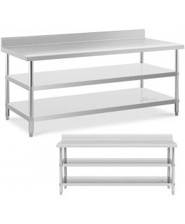 Royal Catering Table, stainless steel, wall top with edge, 2 shelves, 200x90cm