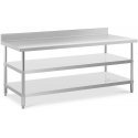 Royal Catering Stalas, nerūdijantis plienas, sieninis stalviršis su briauna, 2 lentynos, 200x90cm Royal Catering Stalas, nerūdijantis plienas, sieninis stalviršis su briauna, 2 lentynos, 200x90cm