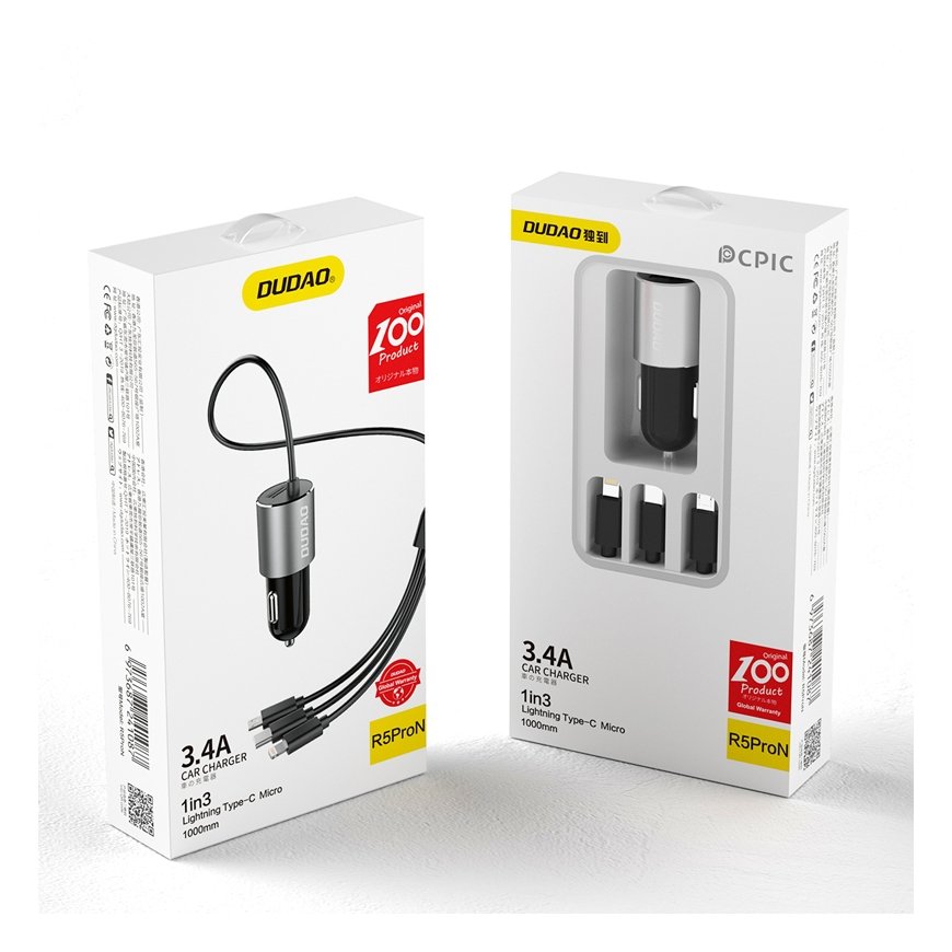 DUDAO R5ProN 3.4A Car Charger Built-in cables Universāls Pelēks Cigāru šķiltavas Ātrā uzlāde Auto – 2