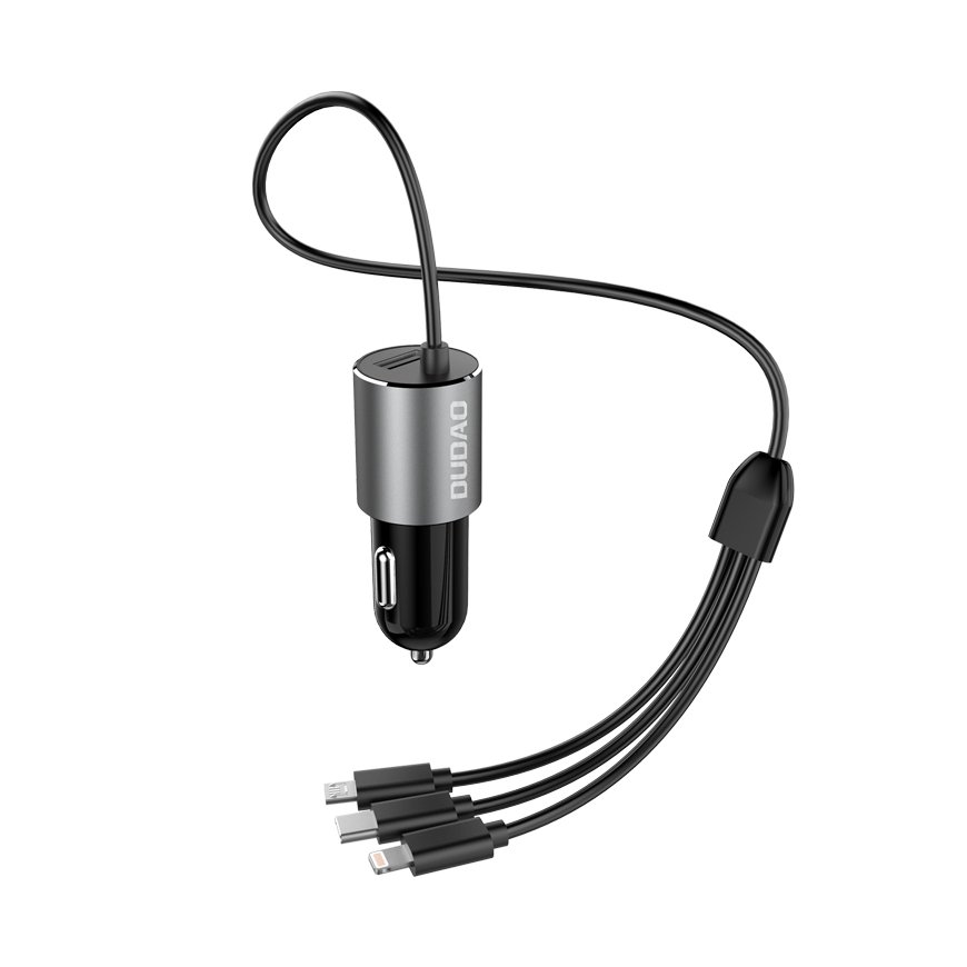 DUDAO R5ProN 3.4A Car Charger Built-in cables Universalus Pilka Cigarų pridegiklis Spartusis įkrovim – 3