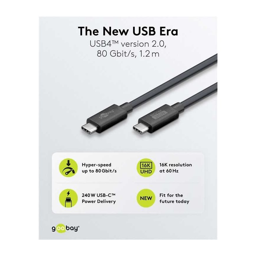 Kabelis USB-C USB4 v2.0 80 Gb/s 240W 16K Goobay 1,2m – 2