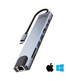 Media-Tech 8 in 1 GIGA LAN HUB - USB-C Docking Station. Ports: 1xRJ45 (1000 Mbps), 1xUSB-A 3.0, 1xUSB-A 2.0, 1 x USB-C PD 20V@5A