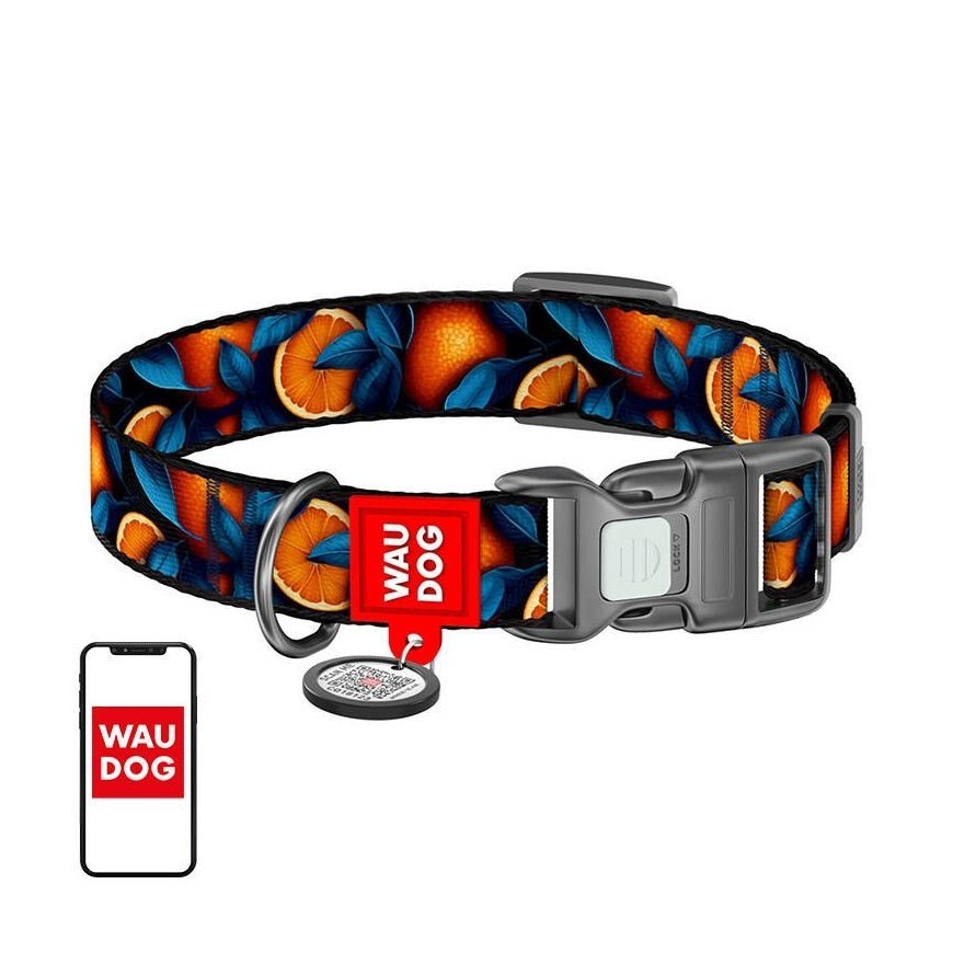 Waudog "Oranges" nylon dog collar with QR code, size M