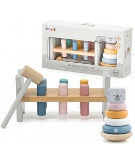 Viga Toys Montessori“ rinkinys Medinis bokštelis + Kaladėlės su kūju ir baltuoju meškiuku“