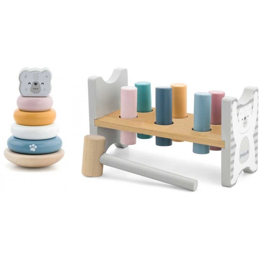 Viga Toys Montessori set Wooden tower + Blocks with a hammer and a white bear – 2