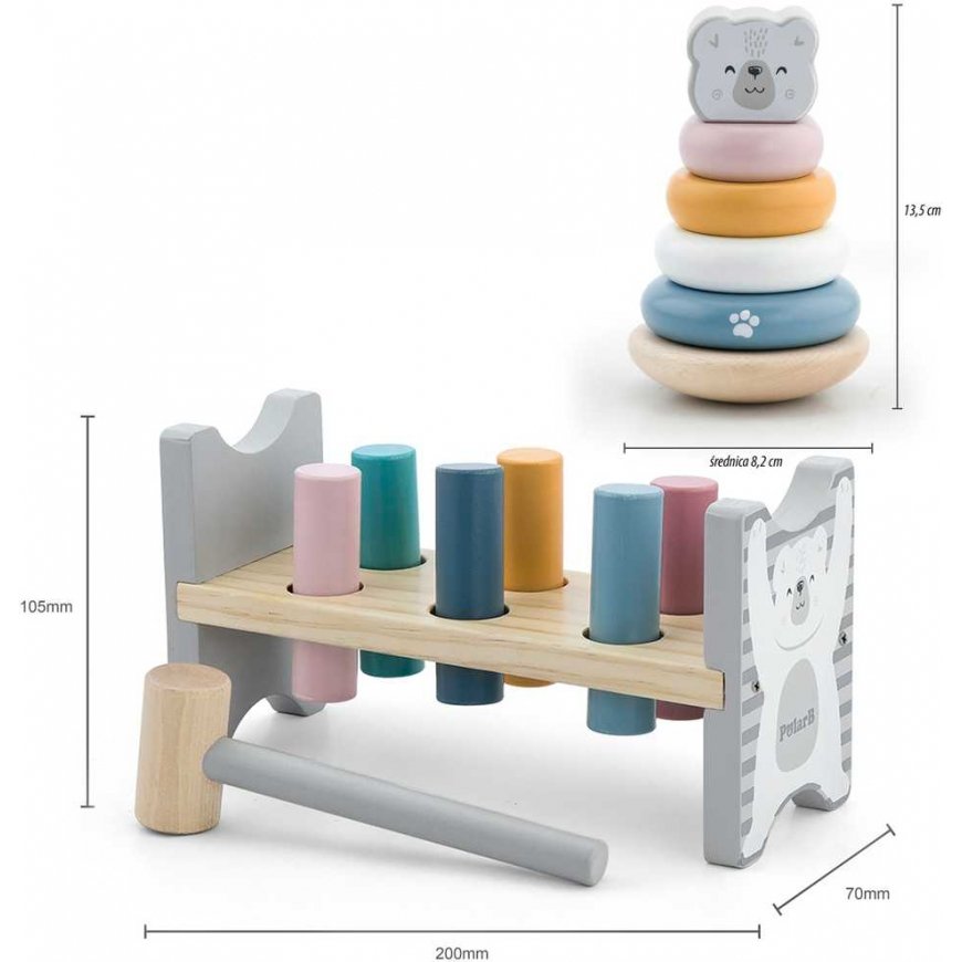 Viga Toys Montessori“ rinkinys Medinis bokštelis + Kaladėlės su kūju ir baltuoju meškiuku“ – 5