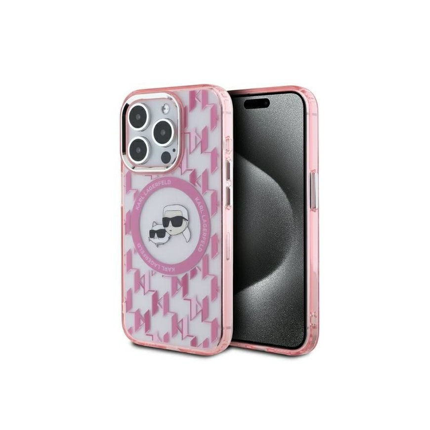 Karl Lagerfeld IML Monogram Karl & Choupette Head MagSafe iPhone 15 Pro Case - Pink