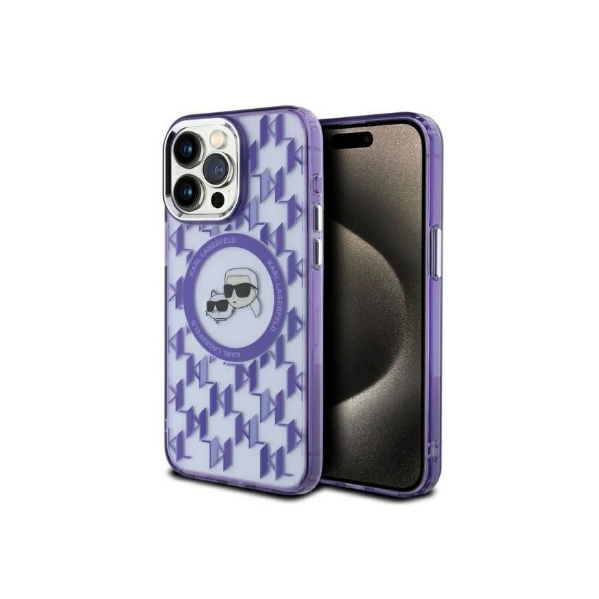 Karl Lagerfeld IML Monogram Karl & Choupette Head MagSafe iPhone 15 Pro Case - Purple