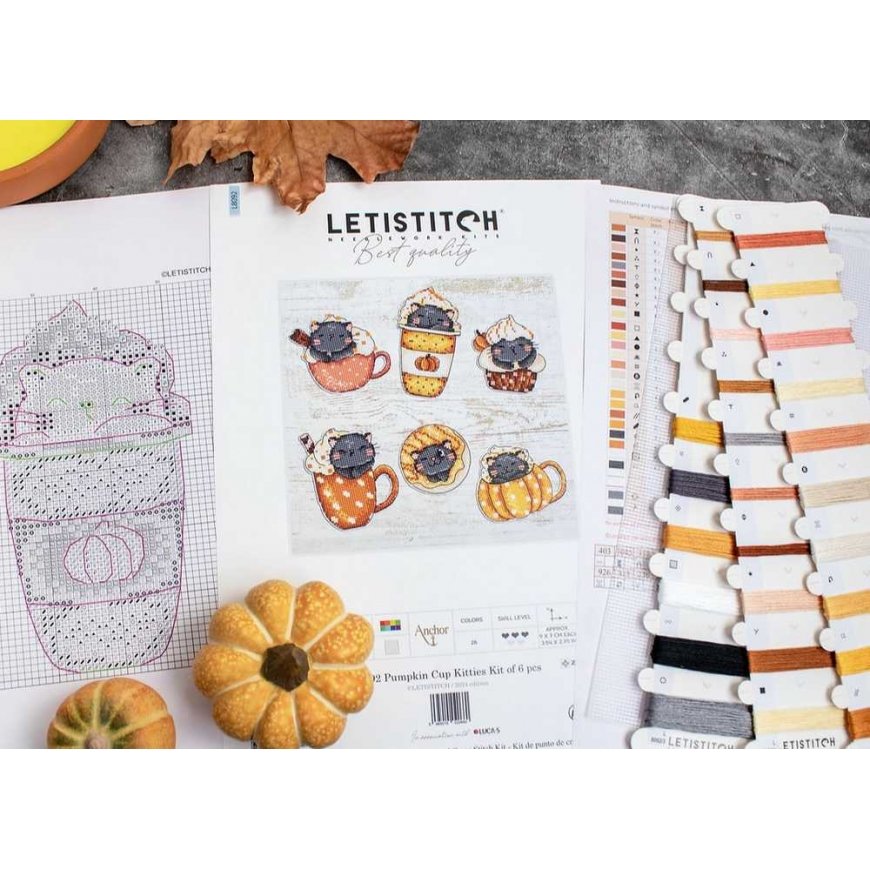 Letistitch Cross Stitch Kit "Pumpkin Cup Kitties Set of 6" 9x7cm SLETIL8092 – 4