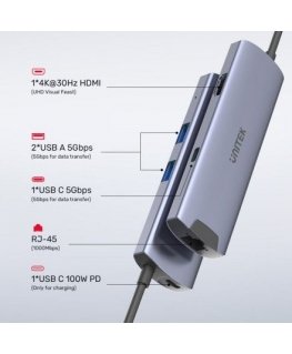 UNITEK ACTIVE HUB USB-C 2X HDMI 4K, RJ45, PD 100W