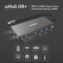 UNITEK uHUB O8+ Langallinen USB 3.2 Gen 1 (3.1 Gen 1) Type-C Harmaa