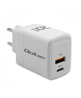 Qoltec 100W GaN Wall Charger | 5-20V | 1.5-5A | 2 x USB-C PD | 1 x USB QC 3.0 | White