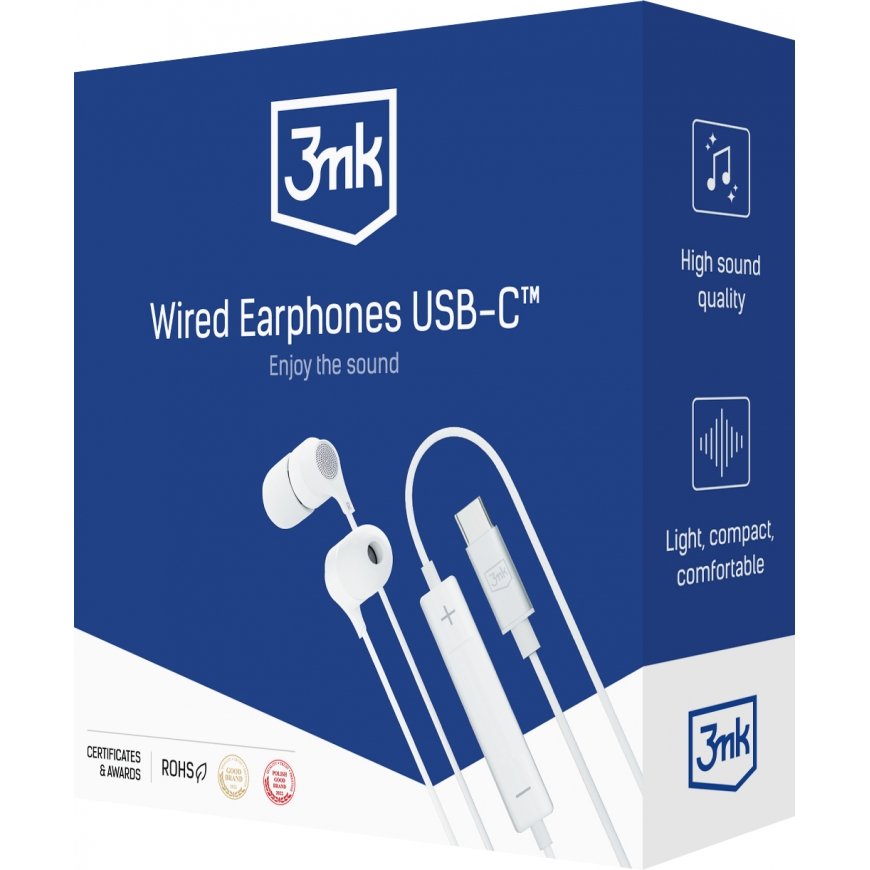 3MK Wired USB-C Laisvų rankų įranga Vielinis Įkišamos į ausį Skambučiai / muzika C tipo USB Balta