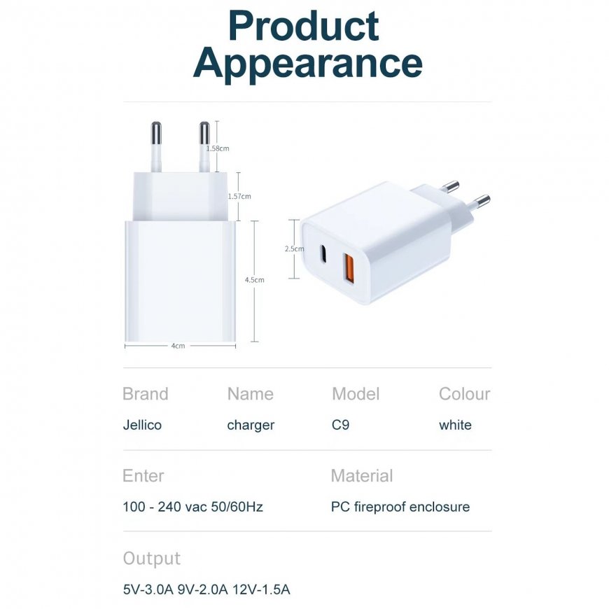 Jellico C9 PD 20W QC 3.0 Smart Adaptive Fast Charger with USB-C – 5