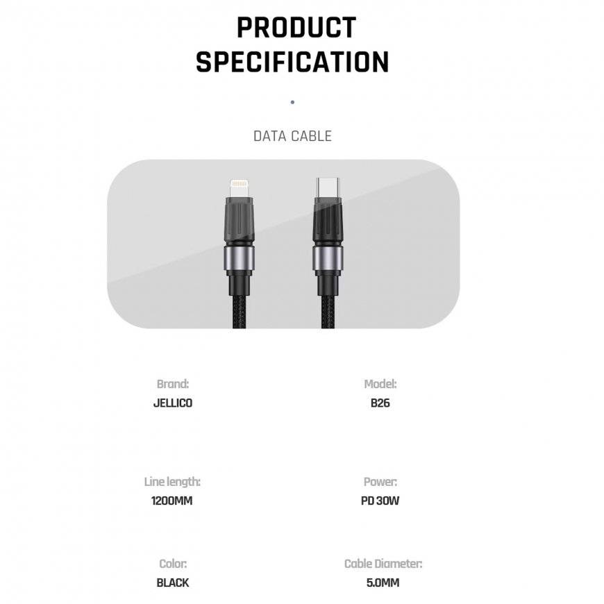 Jellico B26 Плетенный USB-C на Lightning Кабель быстрого заряда – 5