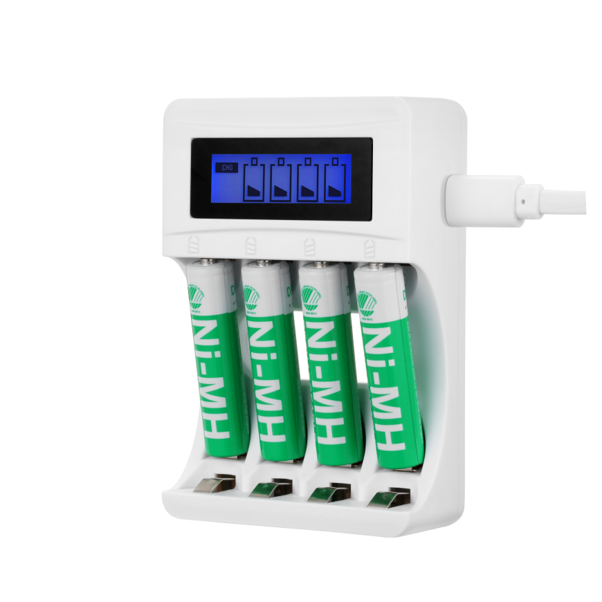 USB battery charger for DELTACO 4xAA/AAA Ni-MH/Ni-Cd batteries, 4x AAA batteries included, white / C704A4-4xAAA
