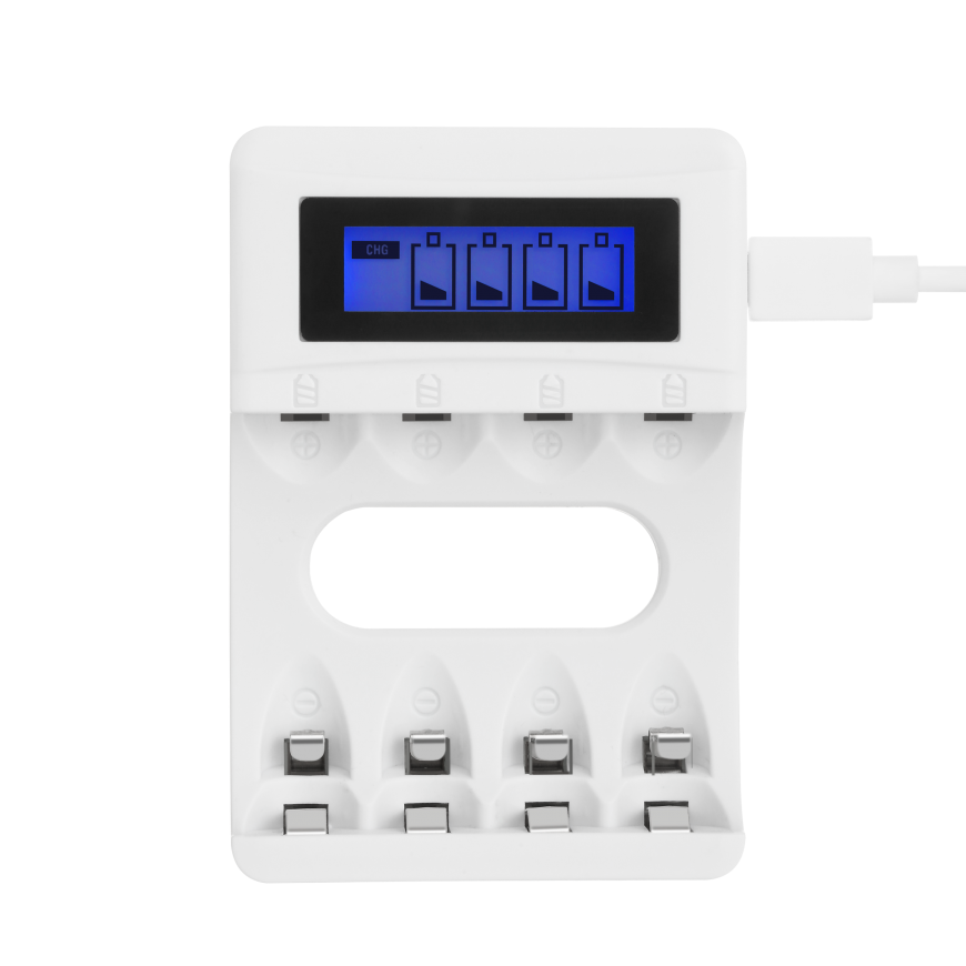 USB battery charger for DELTACO 4xAA/AAA Ni-MH/Ni-Cd batteries, 4x AAA batteries included, white / C704A4-4xAAA – 4
