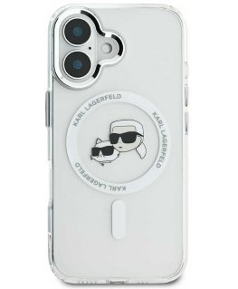 Karl Lagerfeld dėklas, skirtas iPhone 16 Plus 6,7" KLHMP16MHLSKCH balta kieta IML metalinė Karl&Choupette galvutė MagSafe