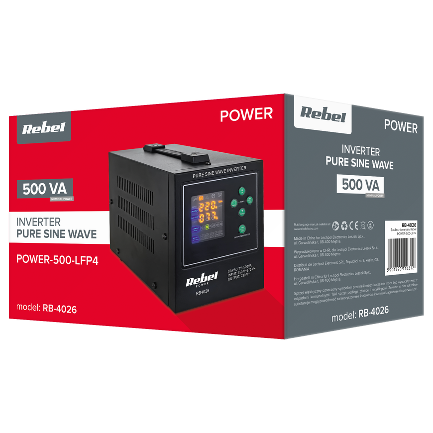 Rebel POWER-500-LFP4 avarinis maitinimo šaltinis – keitiklis su gryna sinusine banga ir įkrovimo funkcija 12V 230V 500VA/300W – 2