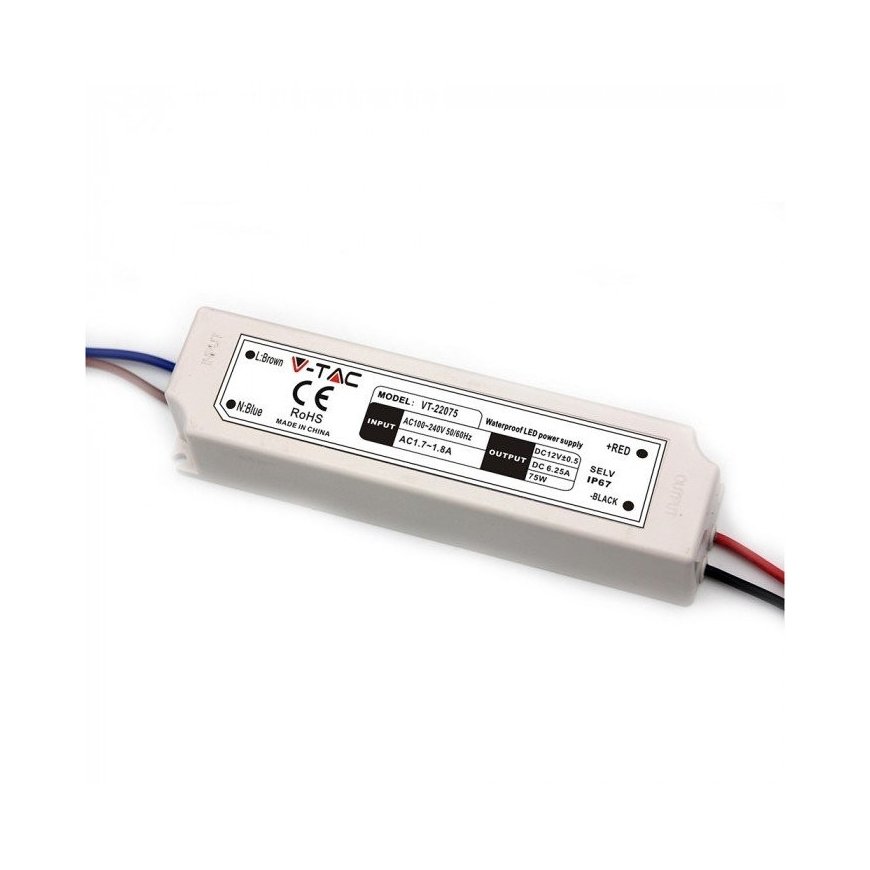 LED-toiteallikas V-TAC VT-22075 75W 12V 6,25A IP67 Hermeetiline, EMI filter (SKU 3235) Valge