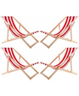 Woodok Set of 4 Comfortable Wooden Sun Loungers with Red Stripes - Perfect for the Beach, Balcony or Terrace, Fully Assembled