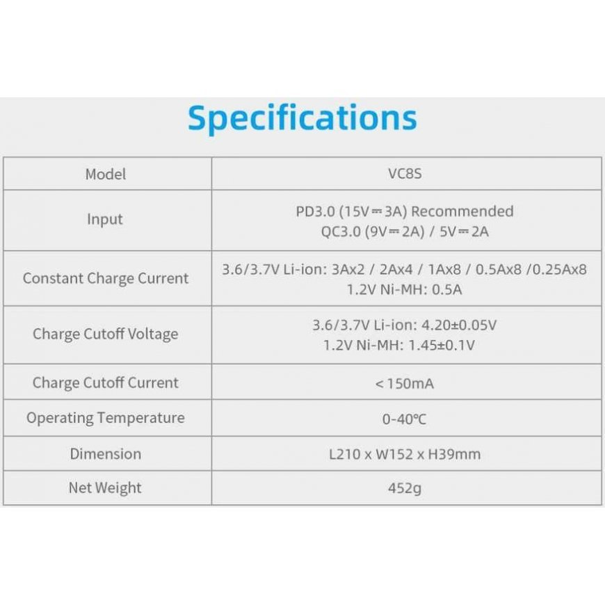 Xtar universalus 8 x Li-ion ir Ni-MH akumuliatorių įkroviklis su LCD ekranu VC8S – 2