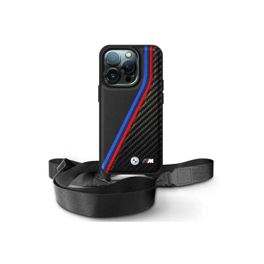 Dėklas BMW BMHCP16L23PSVTK iPhone 16 Pro 6.3" juoda/juodas hardcase M Edition Carbon Tricolor Lines & Strap