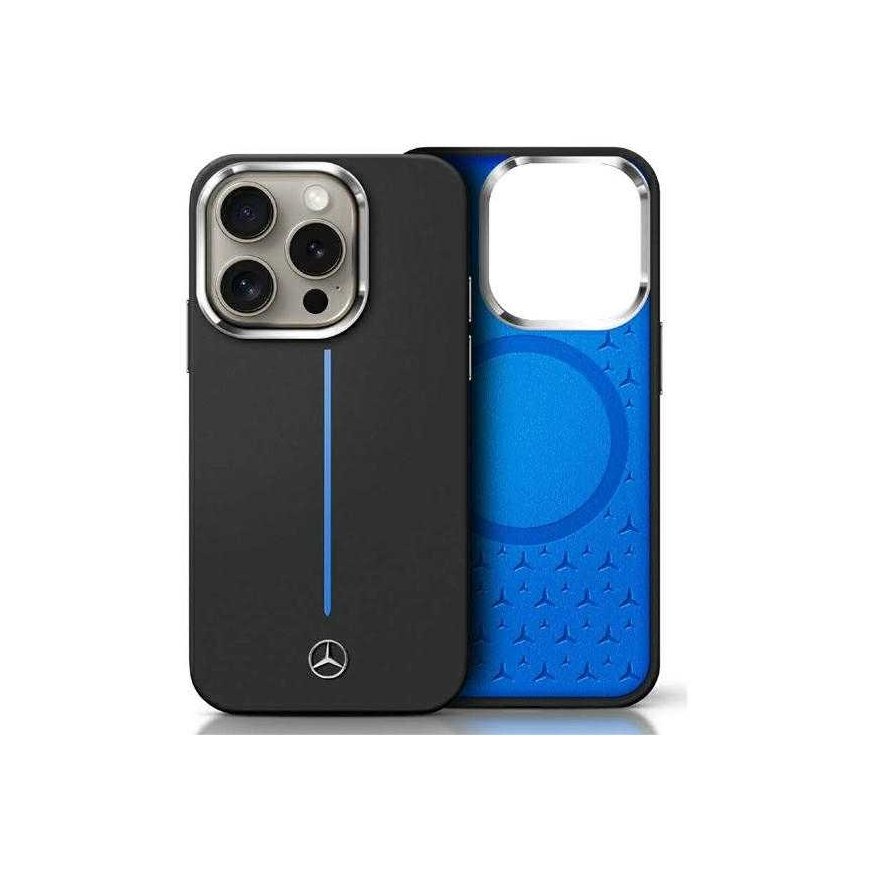 Dėklas Mercedes MEHMP16S23SUMBK iPhone 16 6.1" juoda/juodas hardcase Silicone Mėlyna Stripe MagSafe