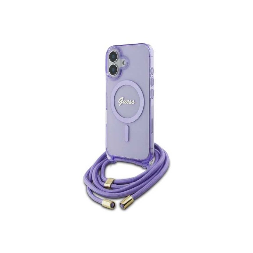 Case Guess GUHMP16SHCTSGNSU iPhone 16 6.1" purple/purple hardcase Crossbody Cord Script MagSafe