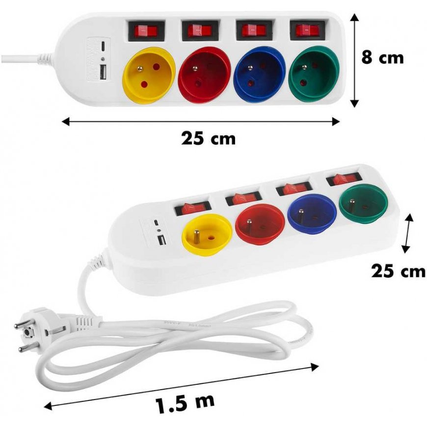 Maclean power strip, extension 4 sockets + USB A / C, with switches, 250VAC/10A, 1.5m, white, MCE508 W – 4