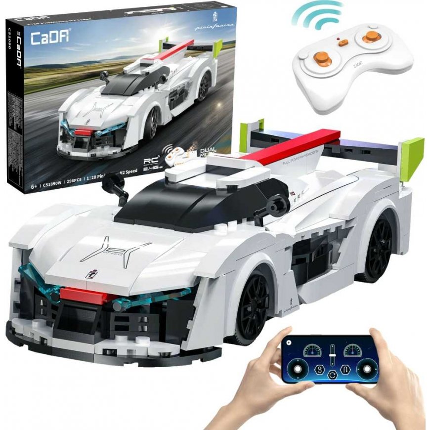 Klocki konstrukcyjne CaDA Samochód zdalnie sterowany Shelf car 20 cm White Pininfarina H2 Speed Chassis 296 parts RC Dual Mode