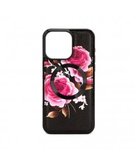 Apple iPhone 15 Pro Leather Case Zipper Design Flower Black