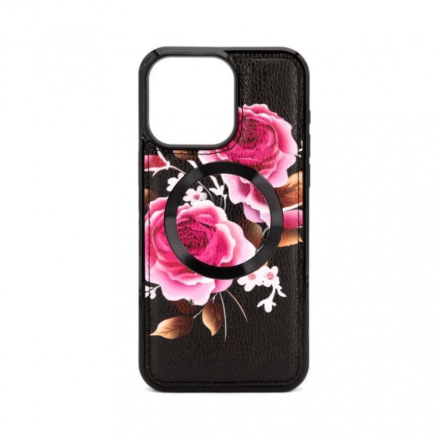 Apple iPhone 15 Pro Leather Case Zipper Design Flower Black
