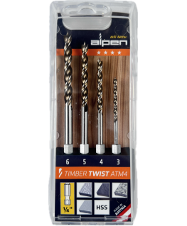 Drill set 4 pcs.. wierteł krętych do drewna 3-6mm, ATM 4, Timber Twist Alpen [0067500004100]